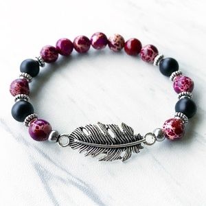 Purple sea jasper & onyx silver leaf bead bracelet
